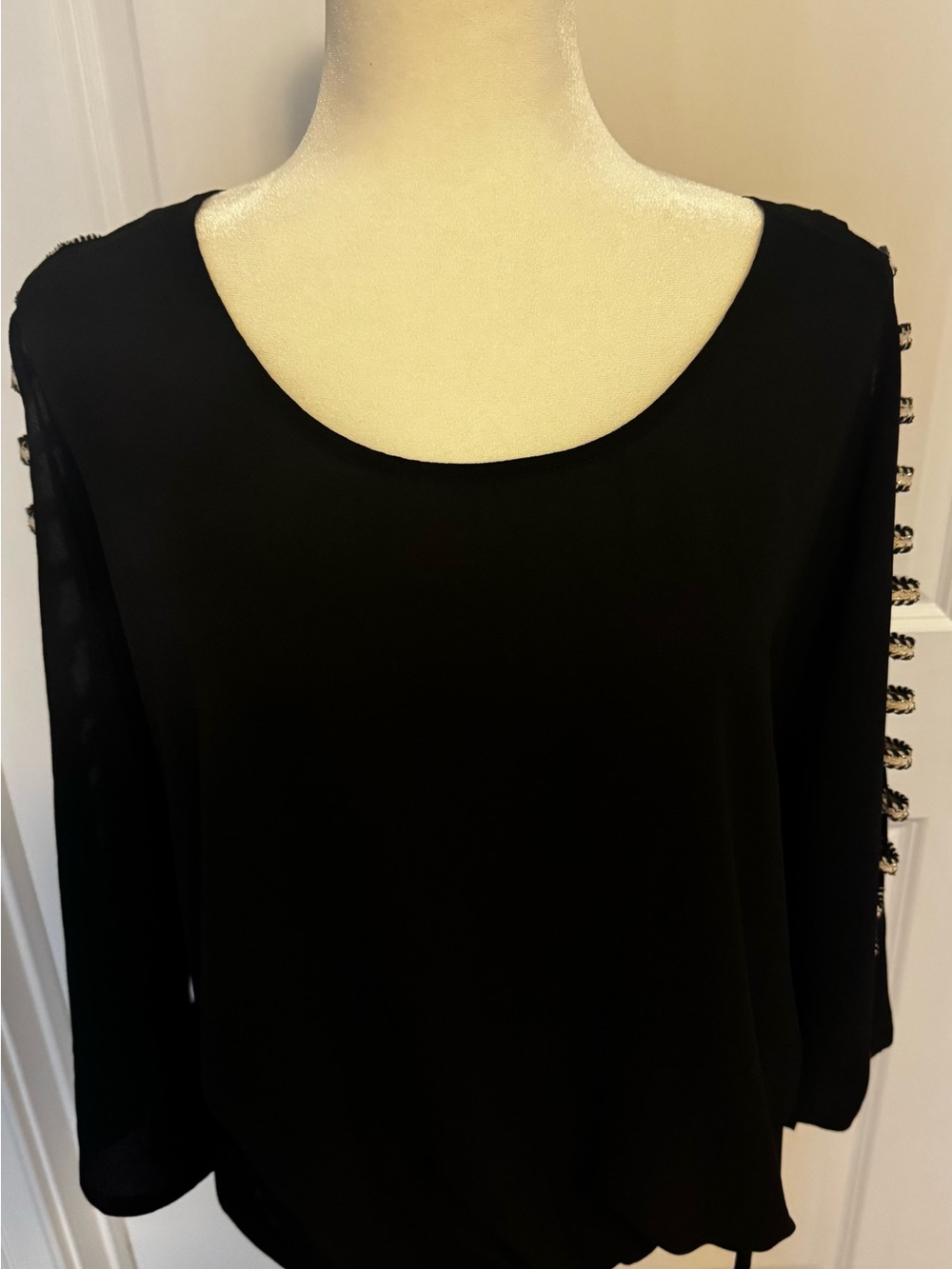 Coco Bianco Black Scoop Neck Long Sleeve Top with Sleeve Chain Trim